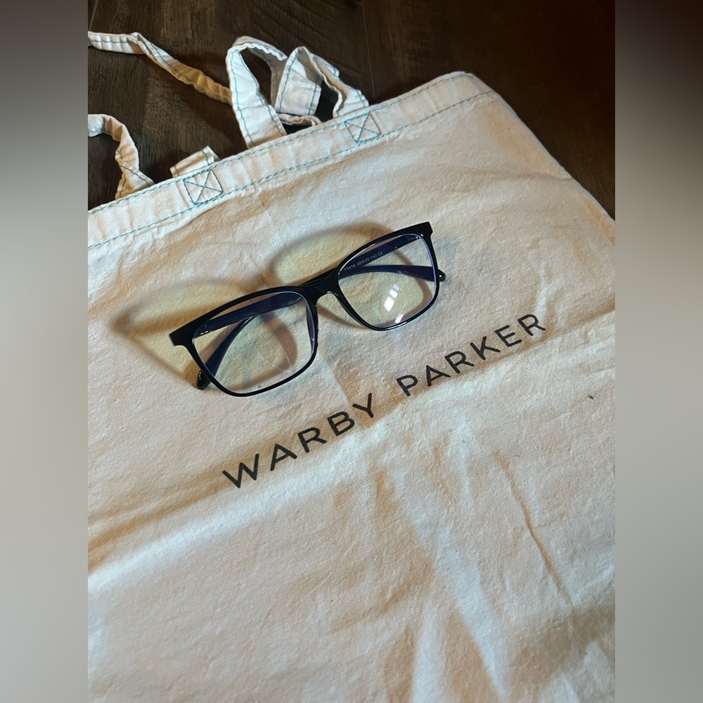 Warby Parker Brady Black Glasses with blue lenses